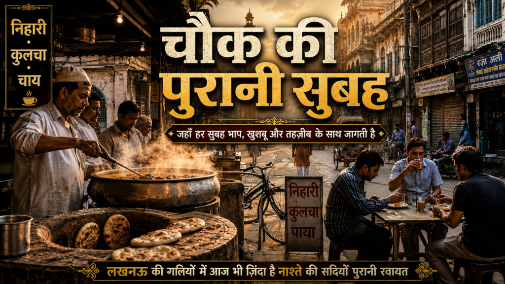 पुराने लखनऊ के चौक में सुबह निहारी और कुलचे के साथ पारंपरिक नाश्ते का दृश्य