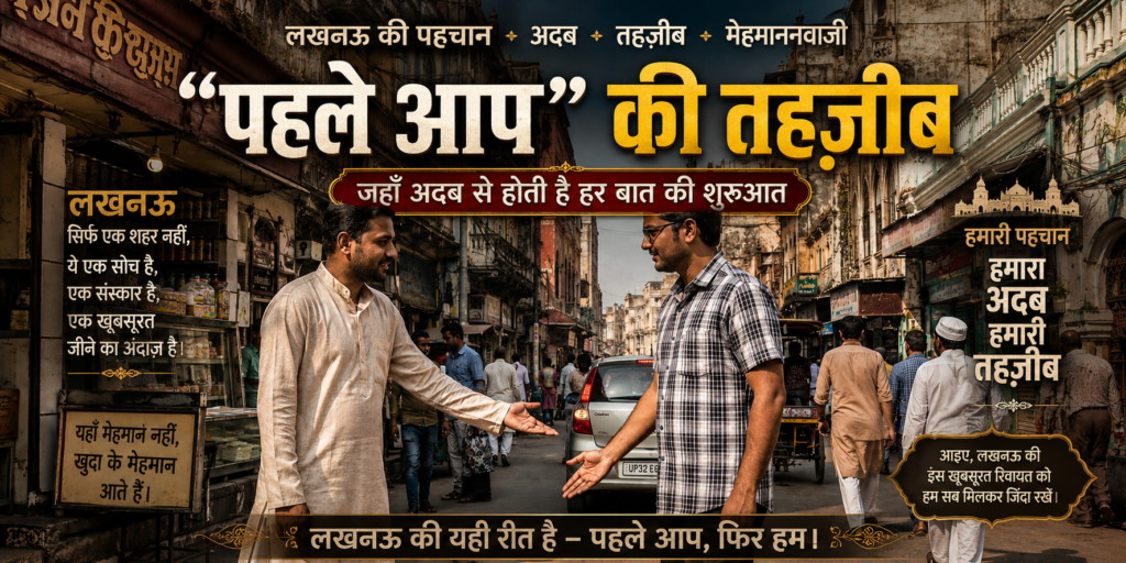 पुराने लखनऊ की सड़क पर एक-दूसरे को पहले जाने का विनम्र संकेत करते लोग