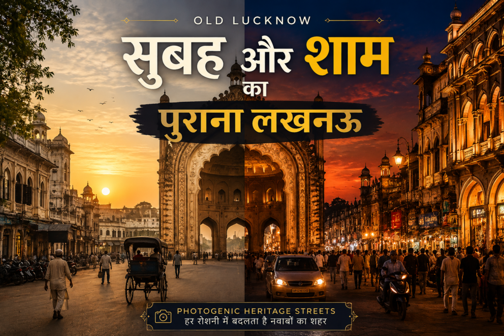 रूमी दरवाजा के आसपास पुराने लखनऊ की heritage street का सुबह और शाम का cinematic दृश्य