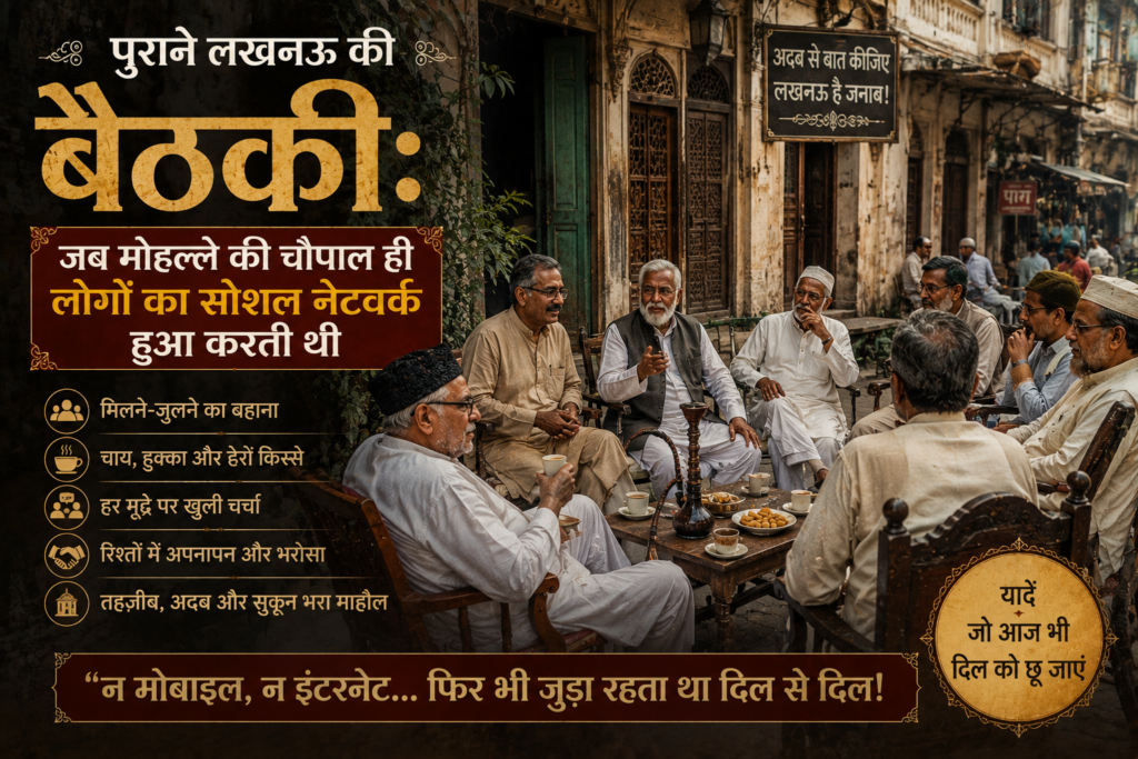 पुराने लखनऊ की गली में बैठकर बातचीत करते स्थानीय लोग और मोहल्ले की पारंपरिक सामाजिक संस्कृति