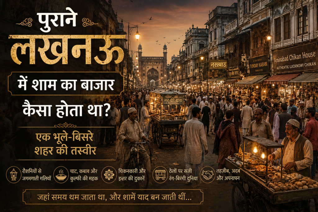 पुराने लखनऊ के चौक जैसी ऐतिहासिक बाजार गली में शाम का दृश्य