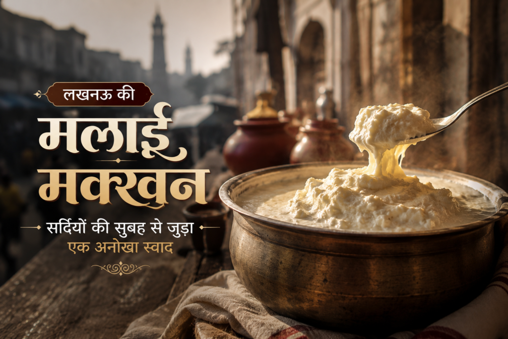 पुराने लखनऊ की सर्दियों की सुबह में पारंपरिक मलाई मक्खन या निमिष