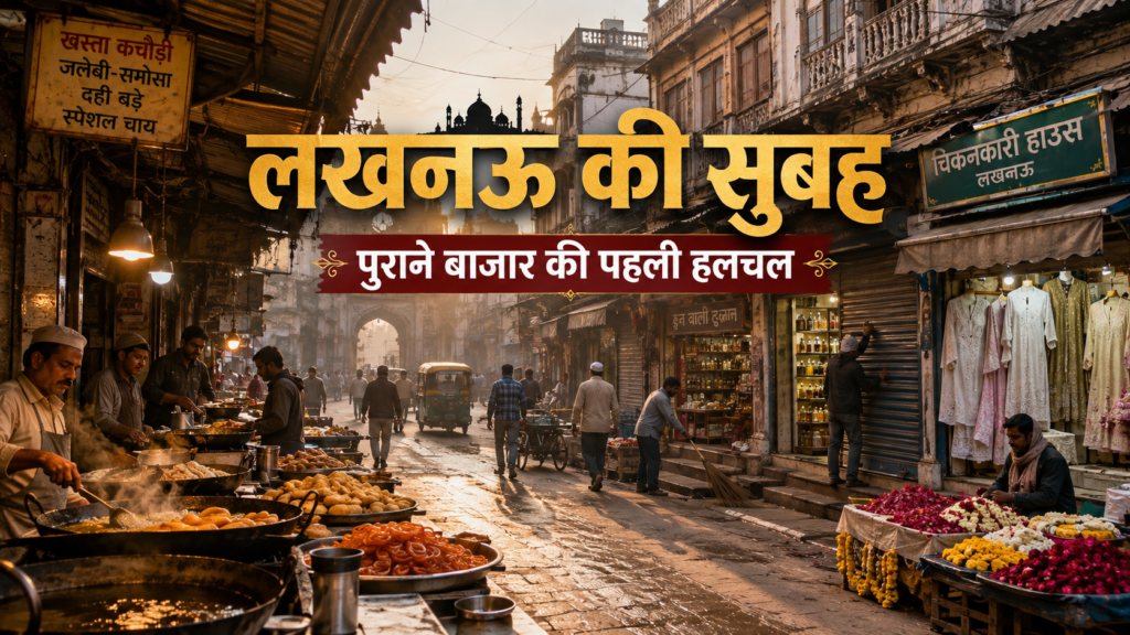 लखनऊ के पुराने बाजार में सुबह खुलती दुकानें और नाश्ते की तैयारी