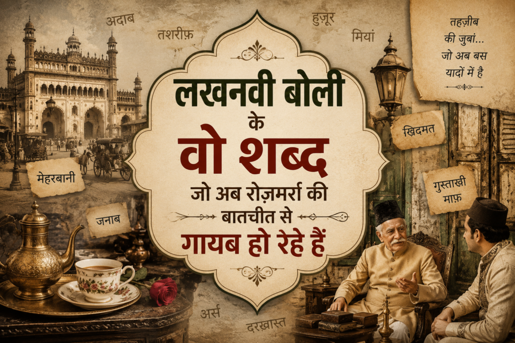 पुराने लखनऊ की गली में स्थानीय लोग बातचीत करते हुए, लखनवी बोली और भाषाई विरासत का दृश्य