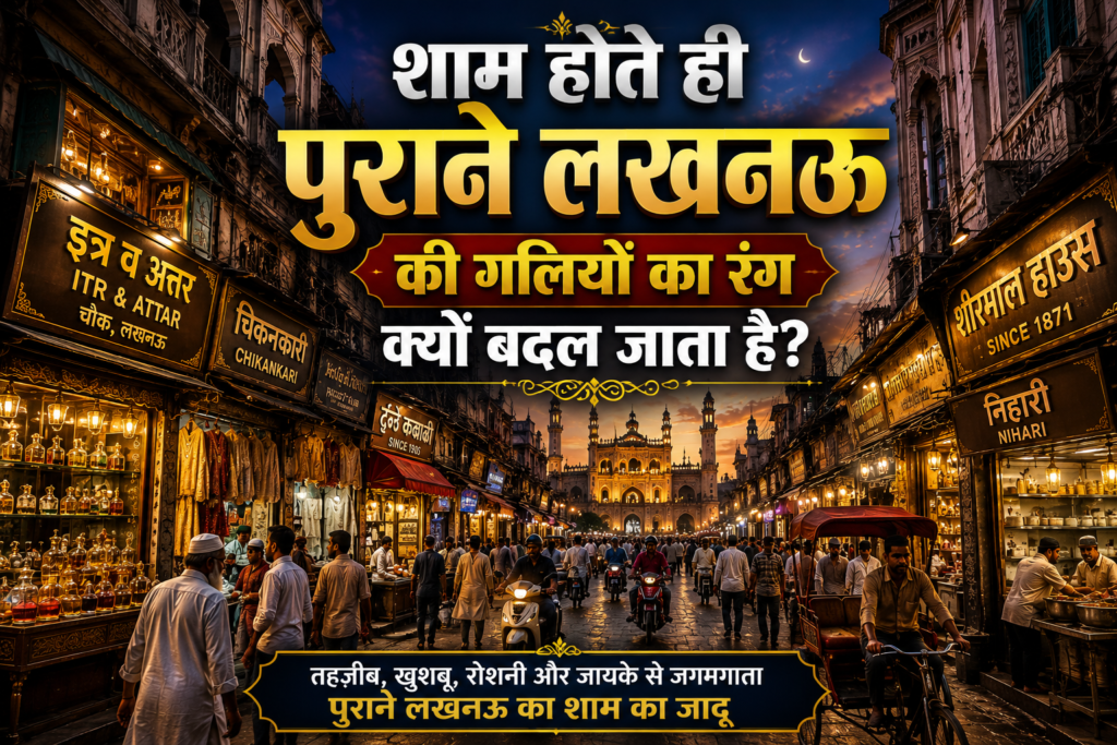 शाम के समय पुराने लखनऊ की चौक जैसी बाजार गली में दुकानों की रोशनी और स्थानीय लोगों की आवाजाही