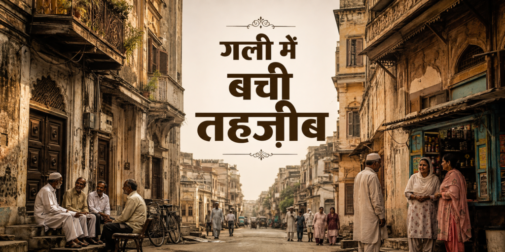 पुराने लखनऊ की ऐतिहासिक गली में पुराने मकानों के बीच स्थानीय लोगों की रोजमर्रा की जिंदगी