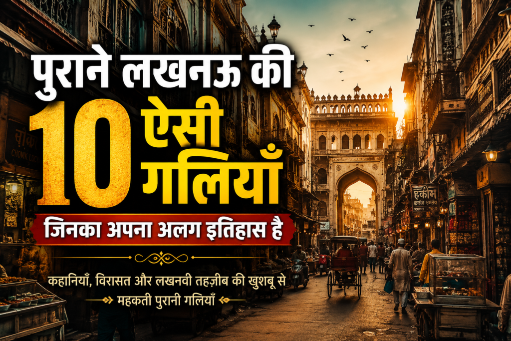 पुराने लखनऊ की ऐतिहासिक संकरी गली में पारंपरिक दुकानें और स्थानीय बाजार का दृश्य