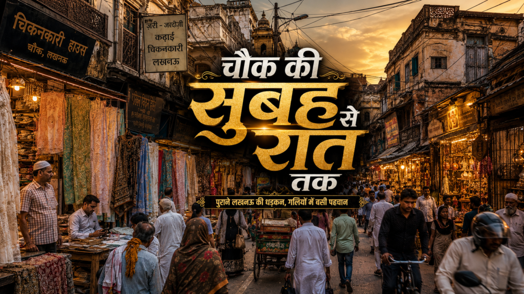 पुराने लखनऊ के चौक बाजार की संकरी गलियों में दुकानदार और खरीदार